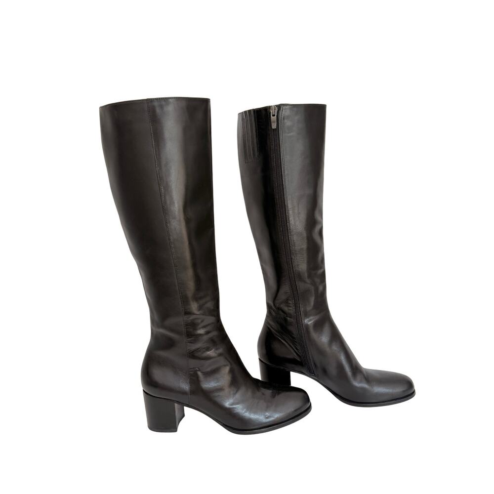 Via Spiga Black Leather Knee-High Block Heel Boots